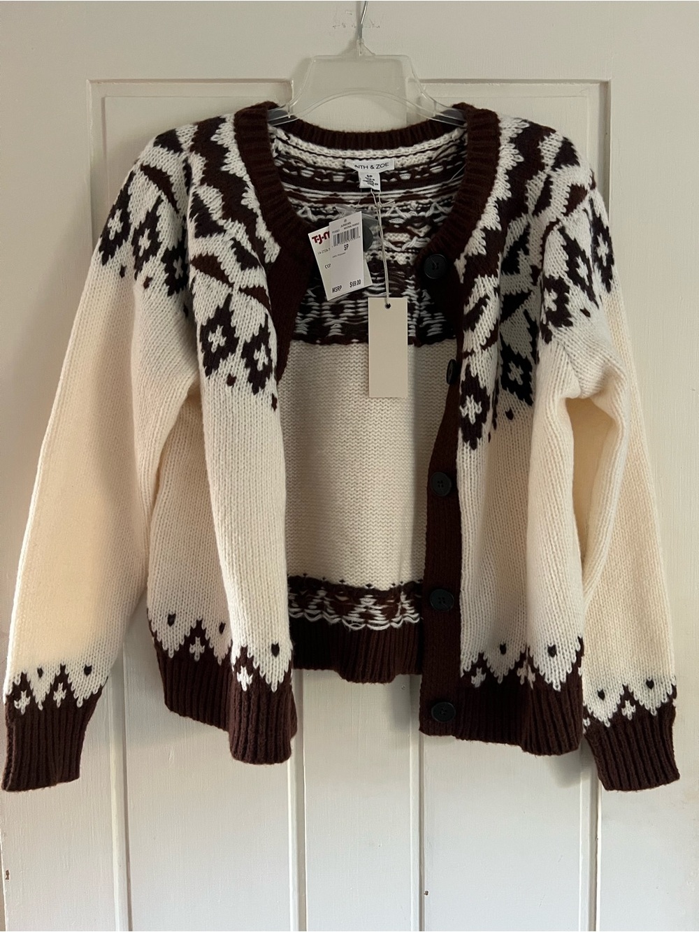 Faith & Zoe Cream and Brown Nordic Button-Front Cardigan